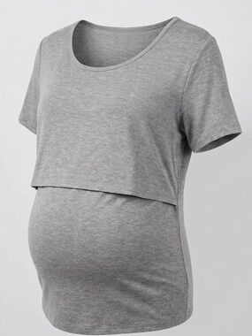 Small Show XL Gray Jersey Knit Nursing Top Short Sleeve Double Layer Maternity